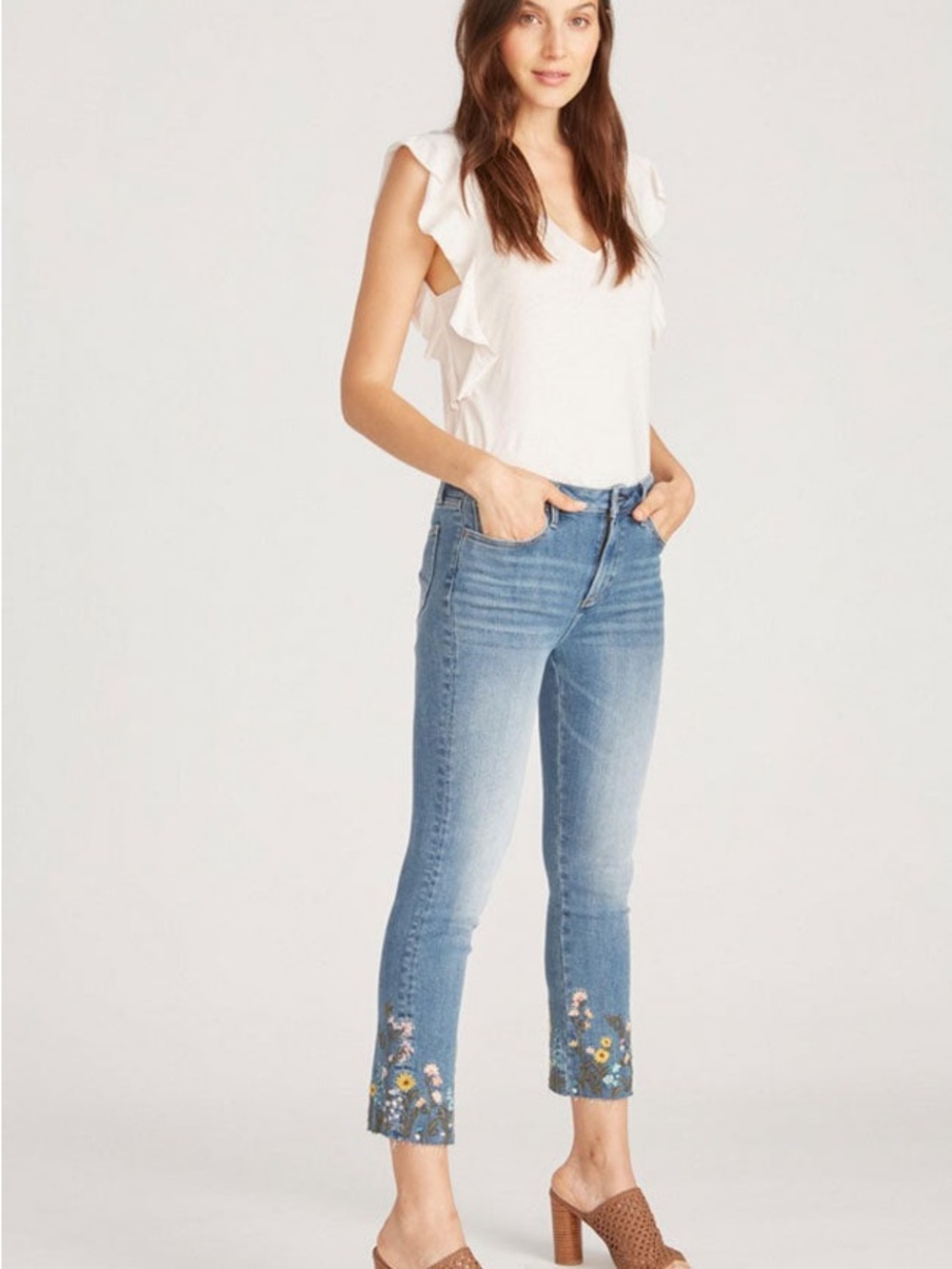 Driftwood Colette Floral Embroidered Ankle Jeans, SZ 25